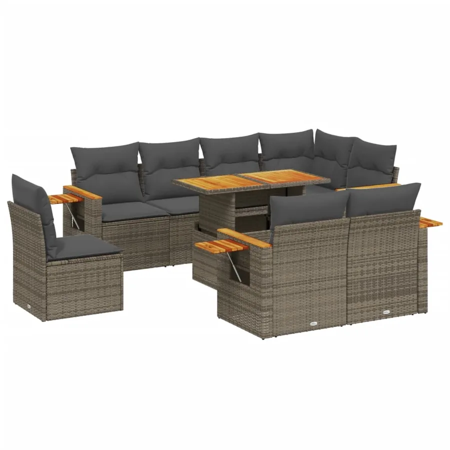 Salon de jardin 9 pcs avec coussins gris résine tressée - 2