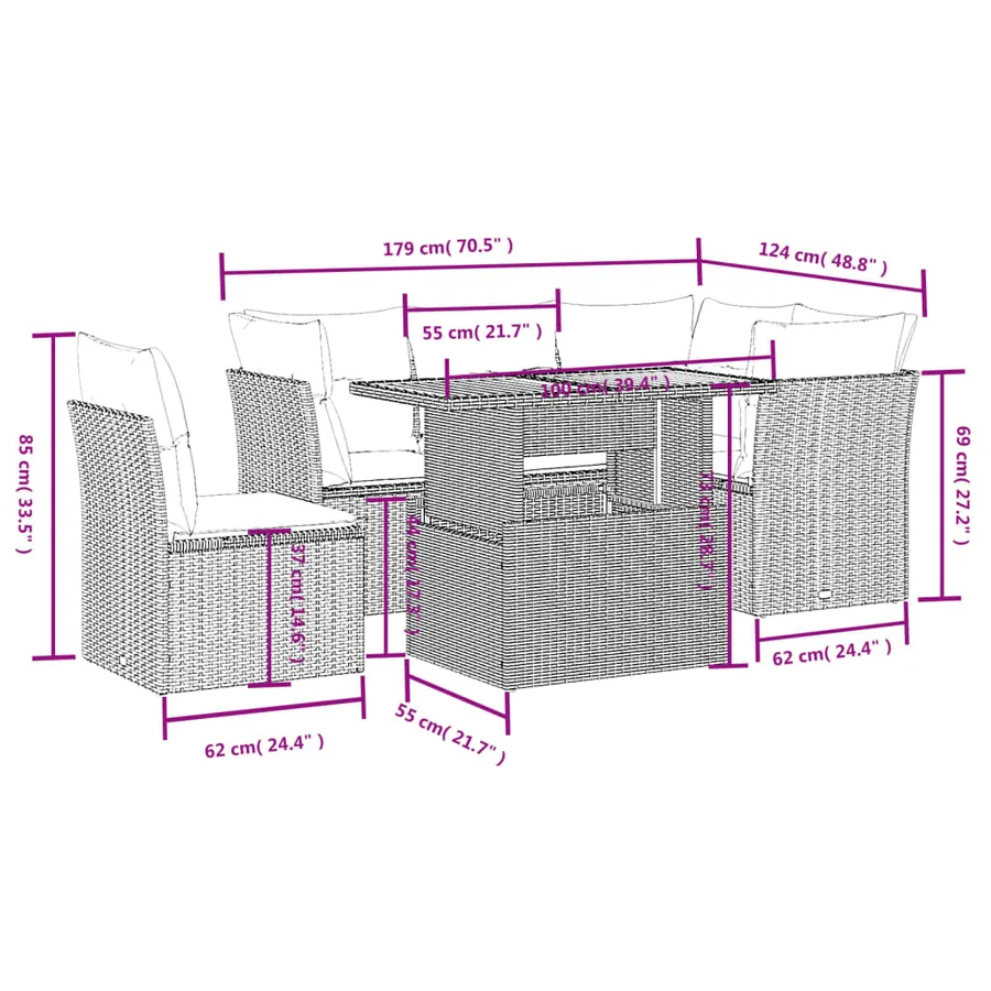 Salon de jardin 5 pcs avec coussins gris résine tressée - 3
