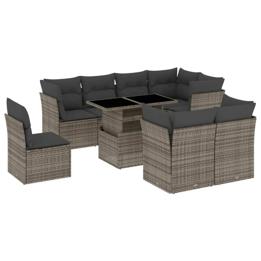 Salon de jardin 9 pcs avec coussins gris résine tressée - 2