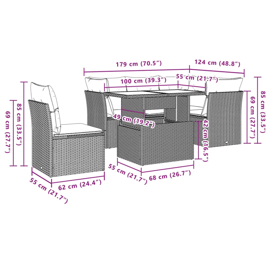 Salon de jardin 6 pcs avec coussins gris résine tressée - 9