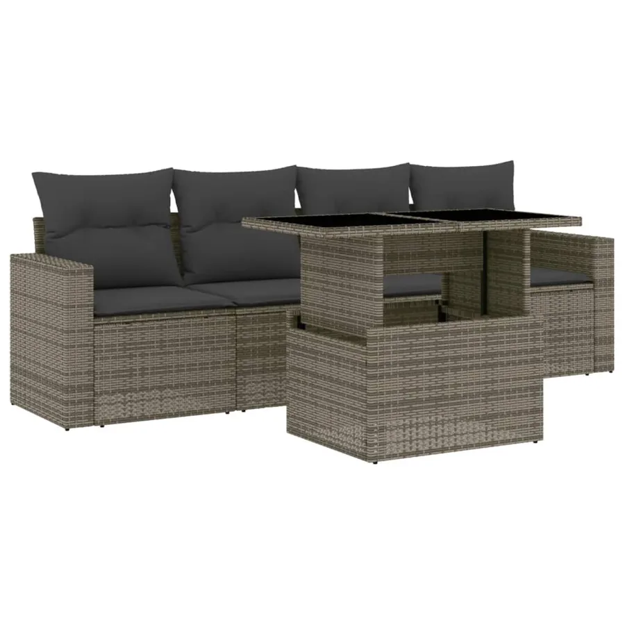 Salon de jardin 5 pcs avec coussins gris résine tressée - 2