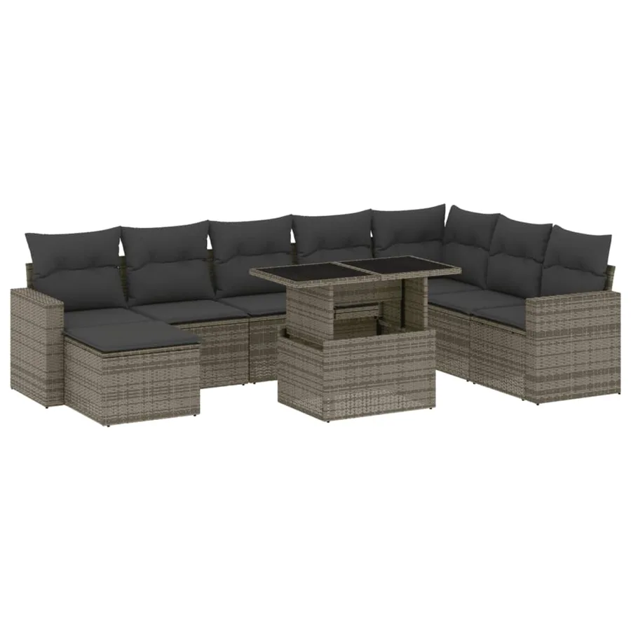 Salon de jardin 9 pcs avec coussins gris résine tressée - 2