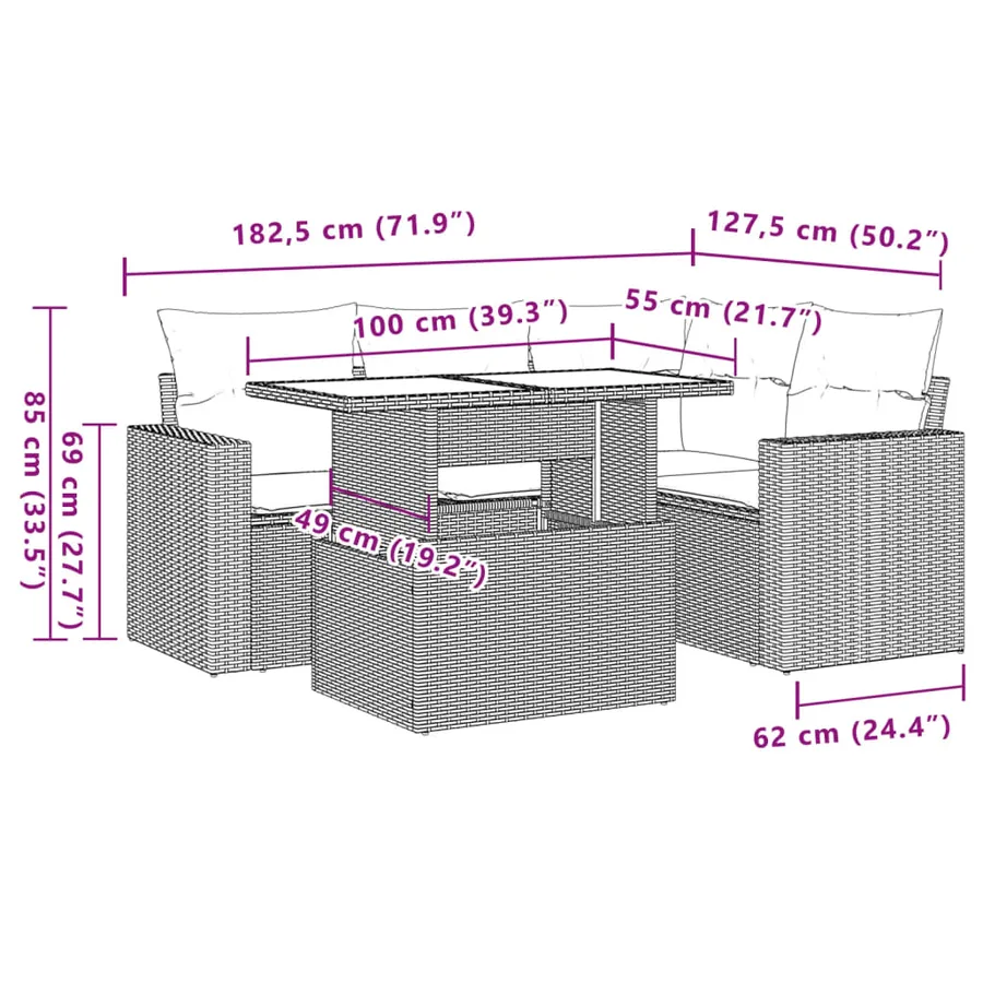 Salon de jardin 5 pcs avec coussins gris résine tressée - 10