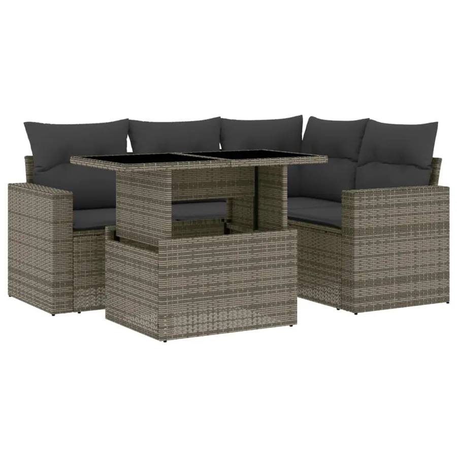Salon de jardin 5 pcs avec coussins gris résine tressée - 2