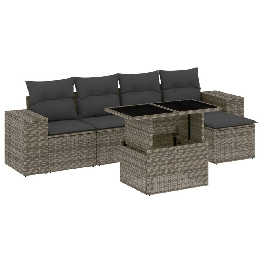 Salon de jardin 6 pcs avec coussins gris résine tressée - 2