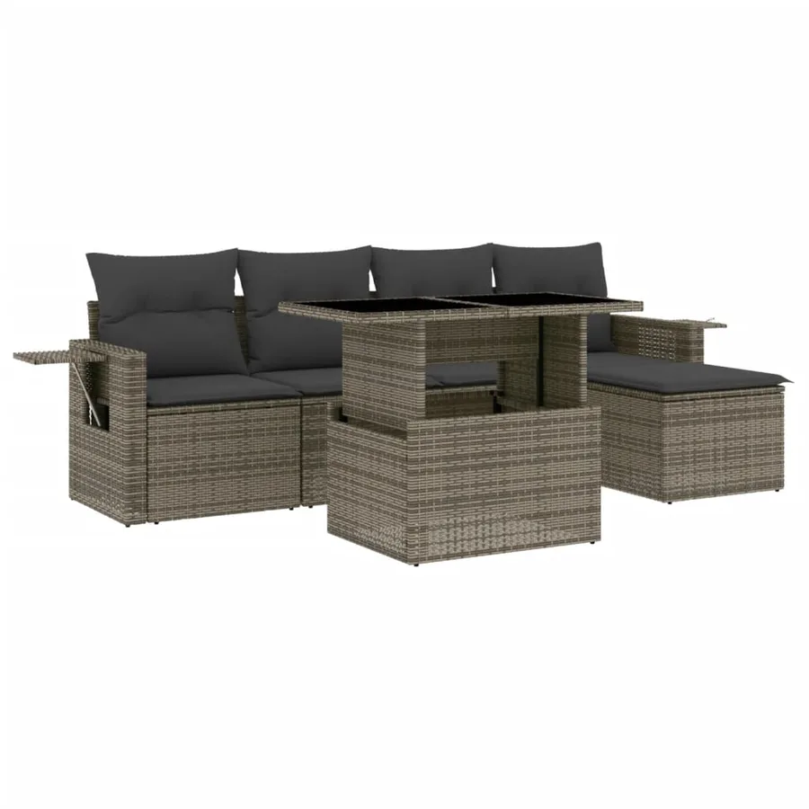 Salon de jardin 6 pcs avec coussins gris résine tressée - 2