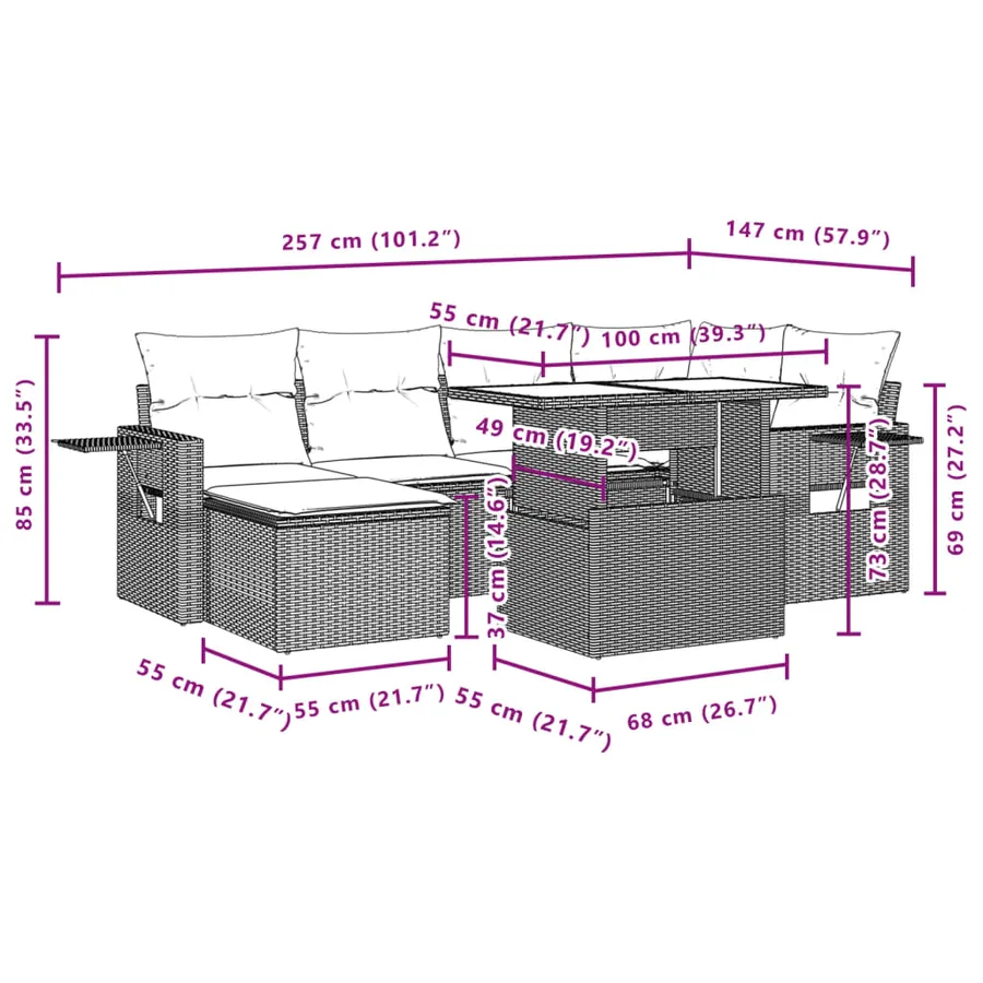 Salon de jardin avec coussins 7 pcs gris résine tressée - 12