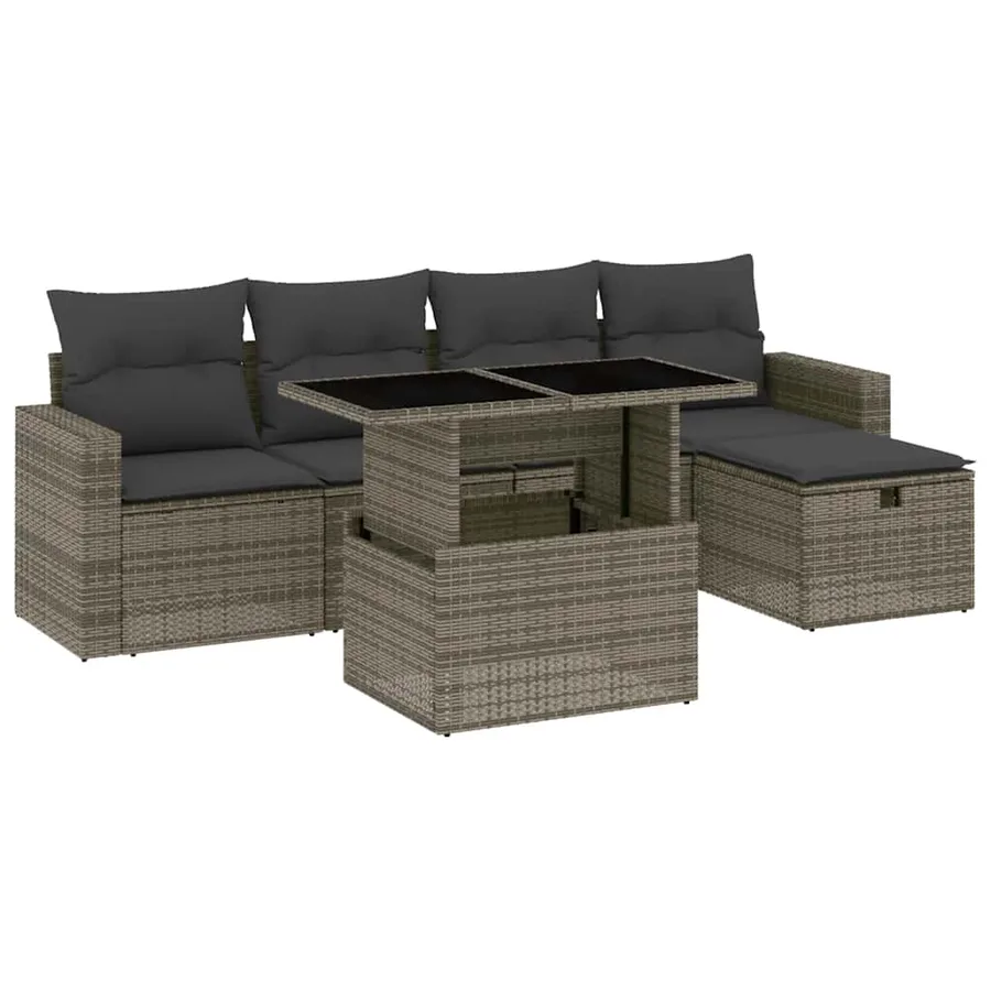 Salon de jardin 6 pcs avec coussins gris résine tressée - 2