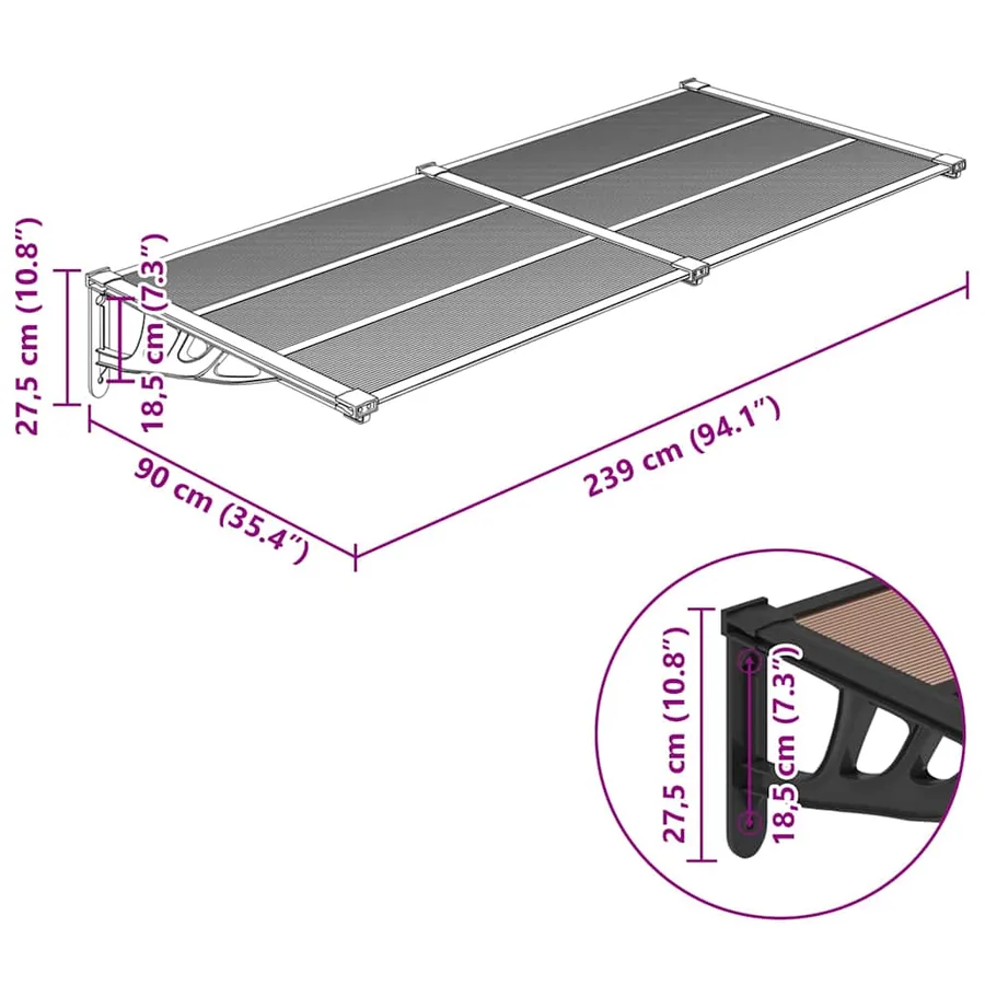 Door canopy Black 239x90 cm Polycarbonate - 6