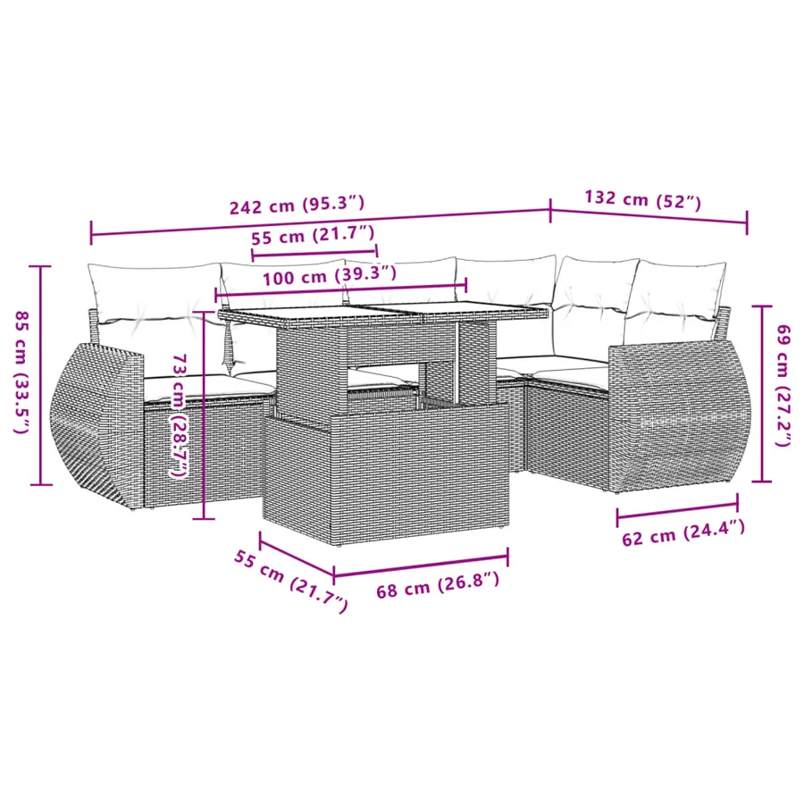 Salon de jardin 6 pcs avec coussins gris résine tressée - 10