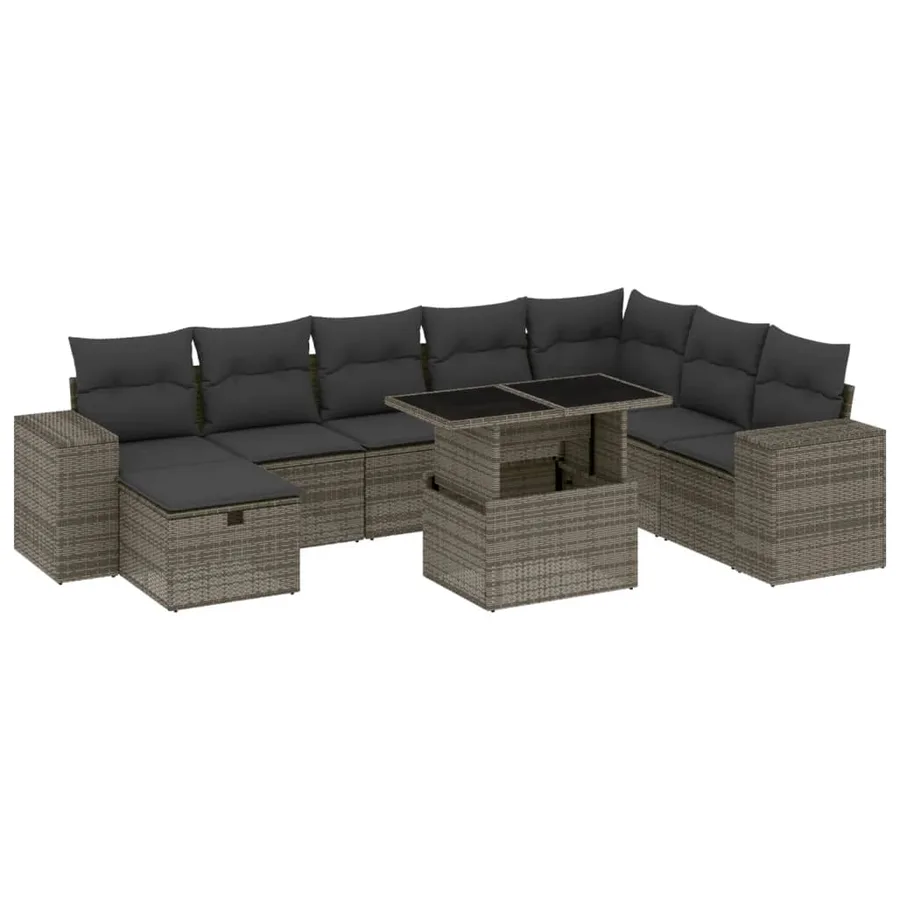 Salon de jardin 9 pcs avec coussins gris résine tressée - 2