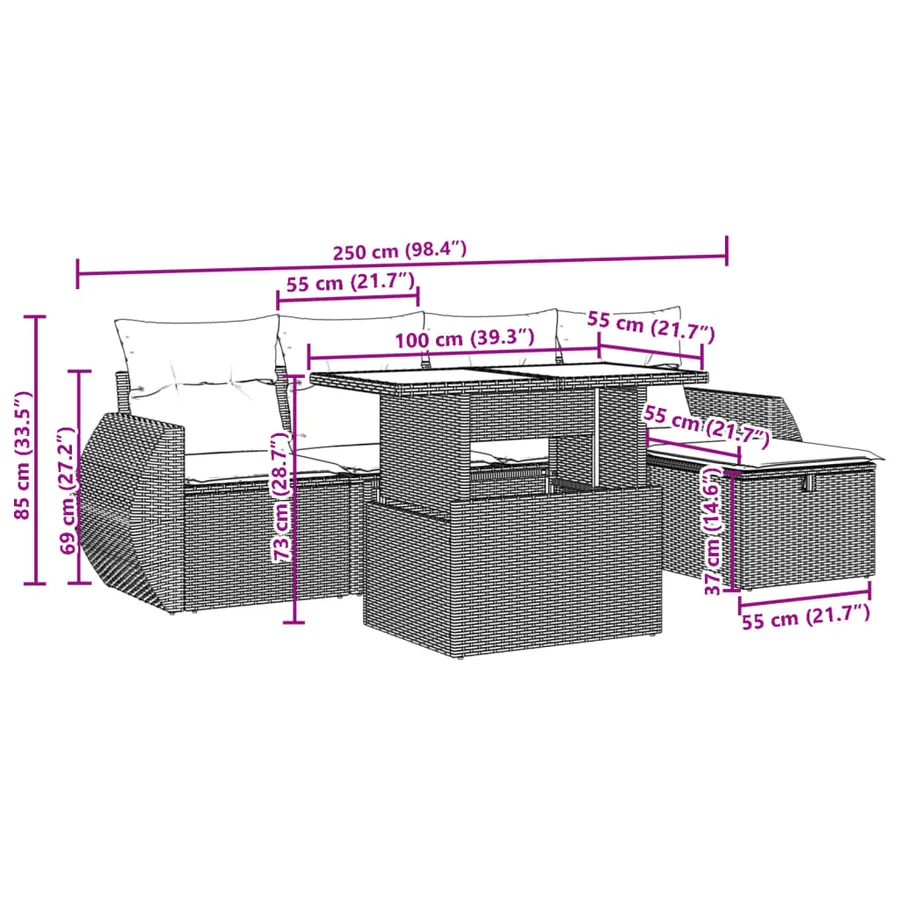 Salon de jardin 6 pcs avec coussins gris résine tressée - 12