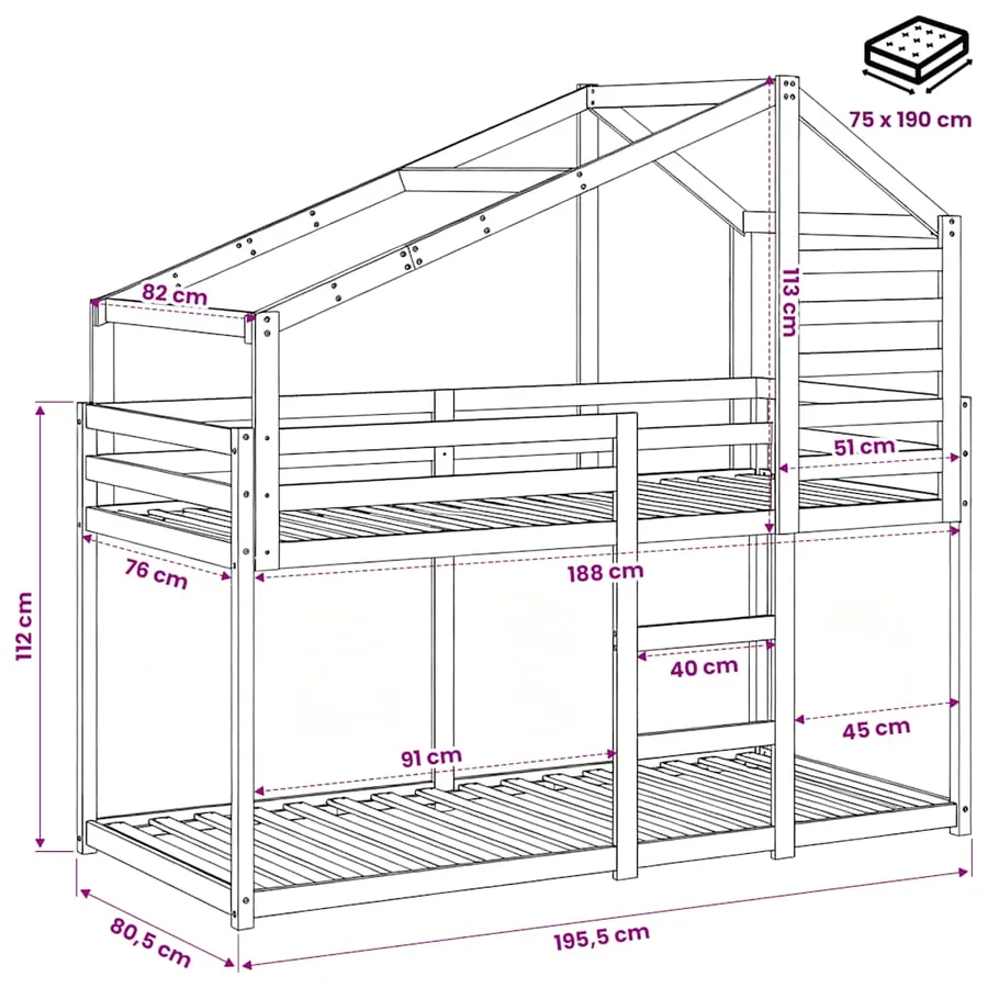 Lit superposé sans matelas 75x190 cm bois de pin massif - 12