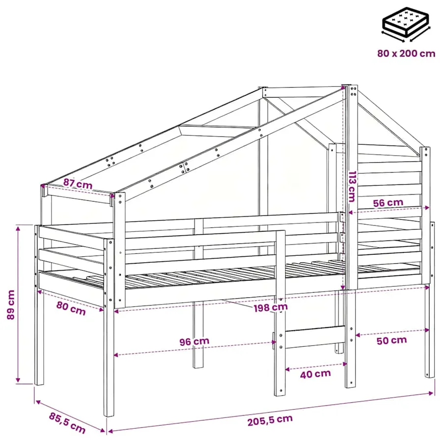 Lit haut sans matelas blanc 90x200 cm bois de pin massif - 12