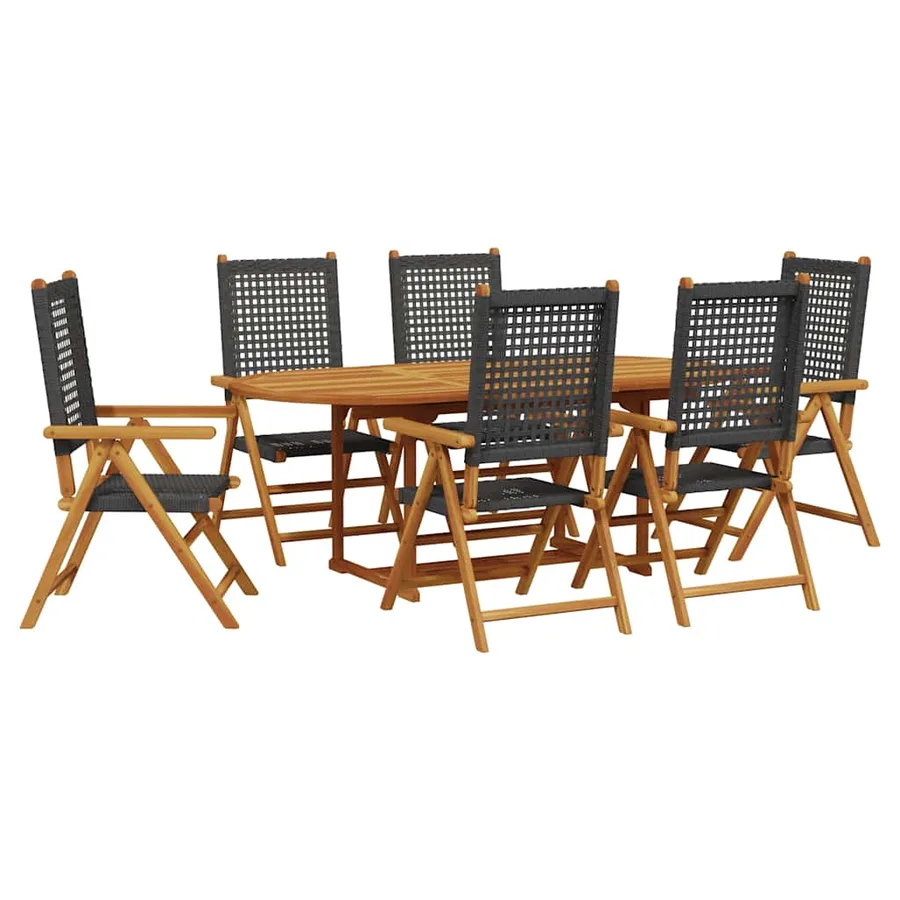 Ensemble à manger de jardin 7 pcs noir rotin et bois massif - 2