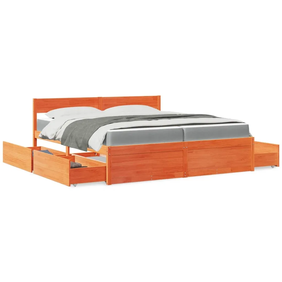 Lit avec tiroirs/matelas cire marron 200x200 cm bois massif pin