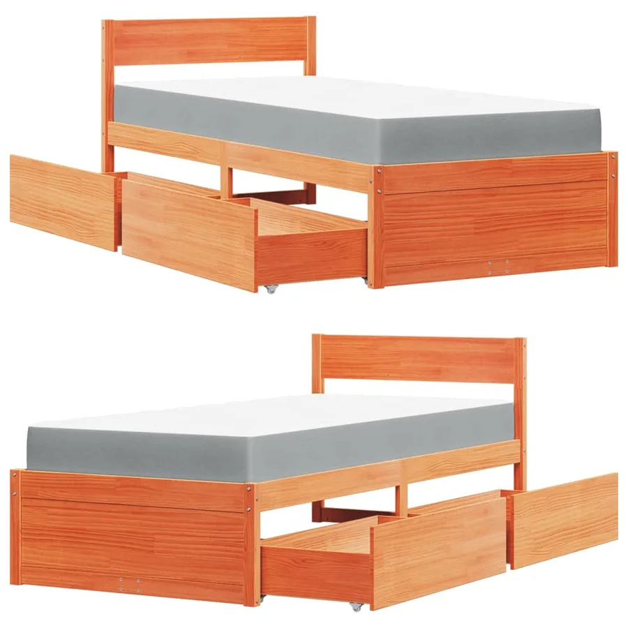Lit avec tiroirs/matelas cire marron 100x200 cm bois massif pin - 11
