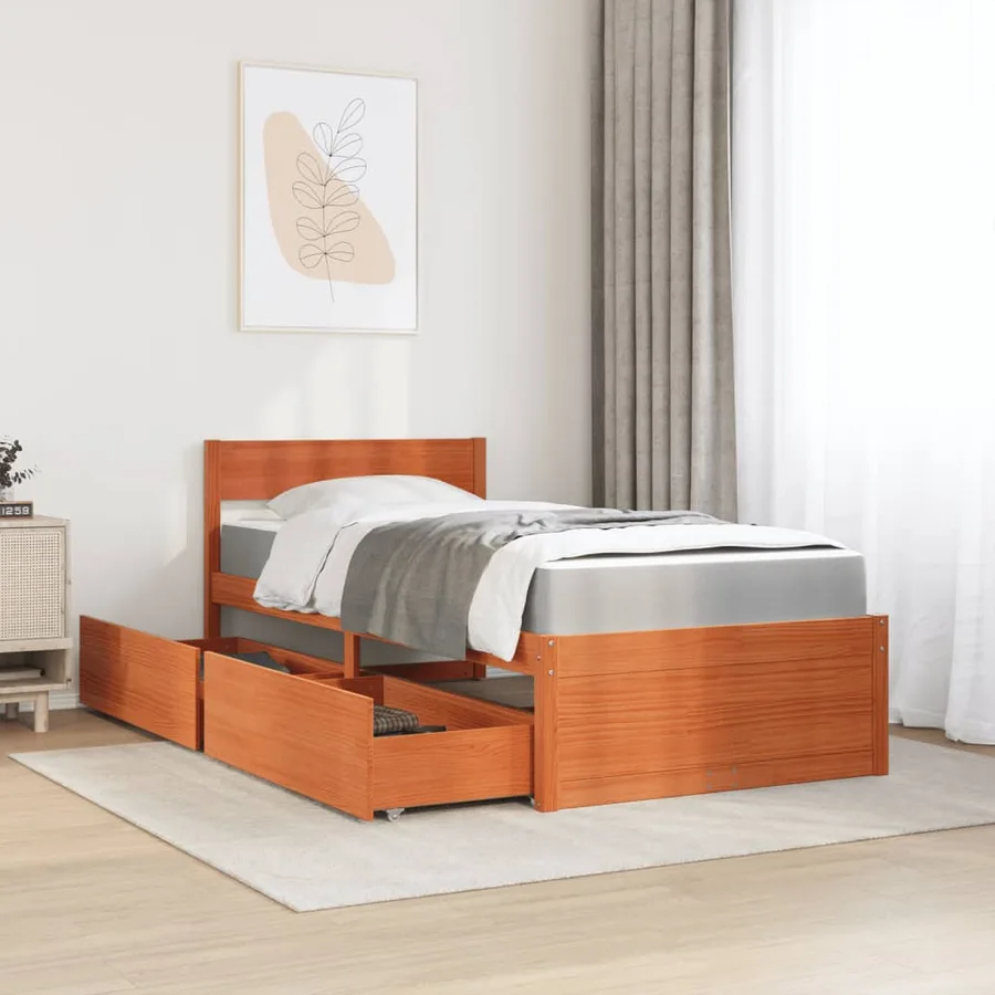 Lit avec tiroirs/matelas cire marron 100x200 cm bois massif pin - 3
