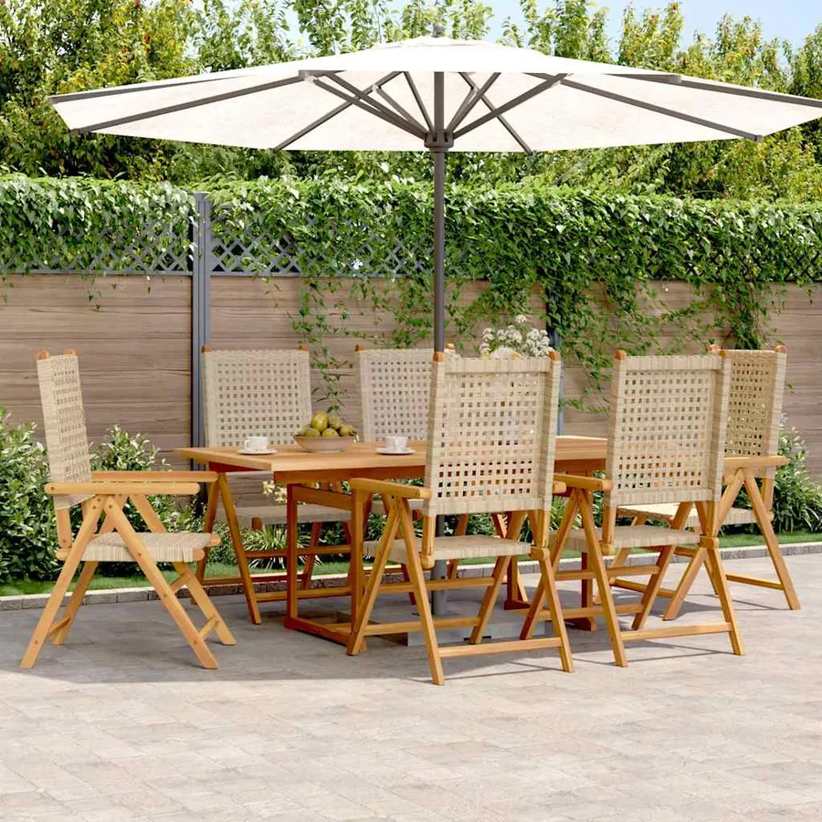 Ensemble à manger de jardin 7 pcs beige rotin et bois massif