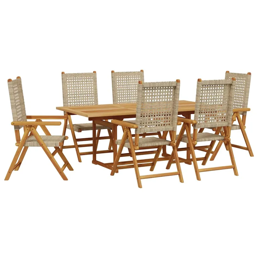 Ensemble à manger de jardin 7 pcs beige rotin et bois massif - 2