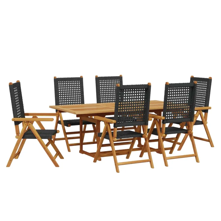 Ensemble à manger de jardin 7 pcs noir rotin et bois massif - 2