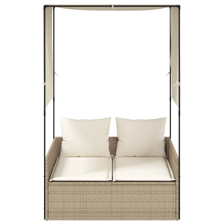 Chaise longue double avec toit et rideaux beige résine tressée - 3