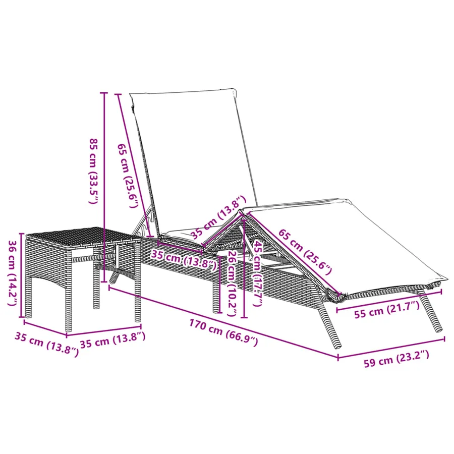 Chaises longues lot de 2 avec table noir résine tressée - 11