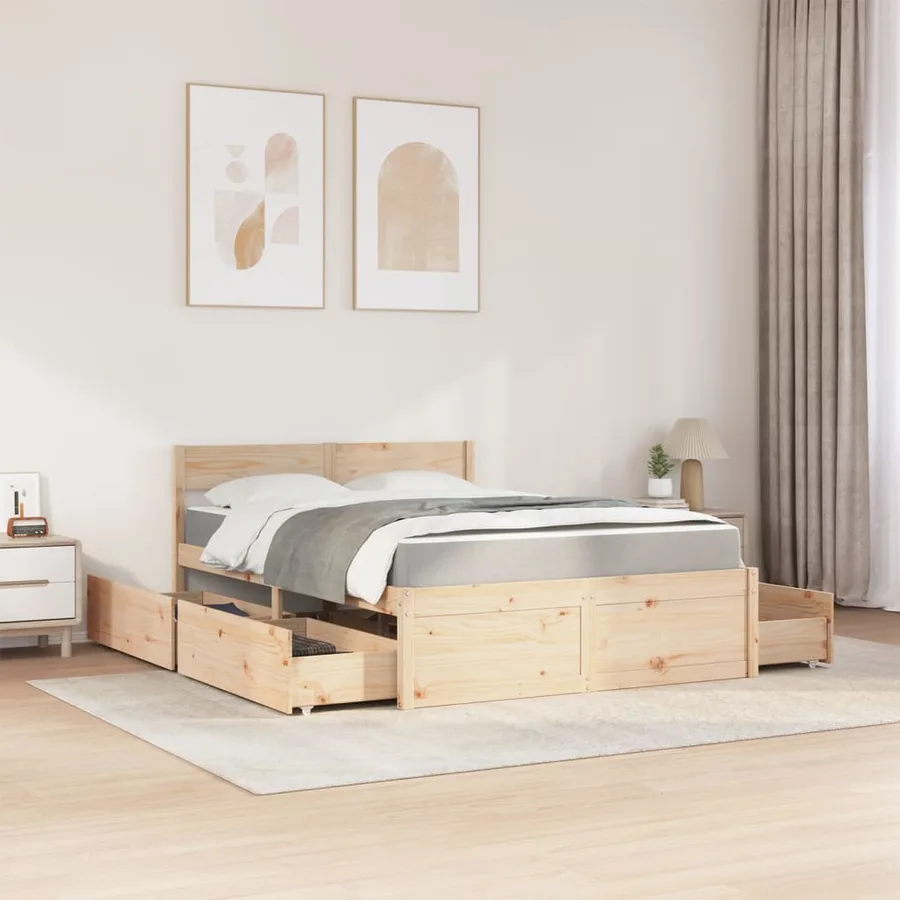 Lit avec tiroirs et matelas 140x190 cm bois massif de pin - 3