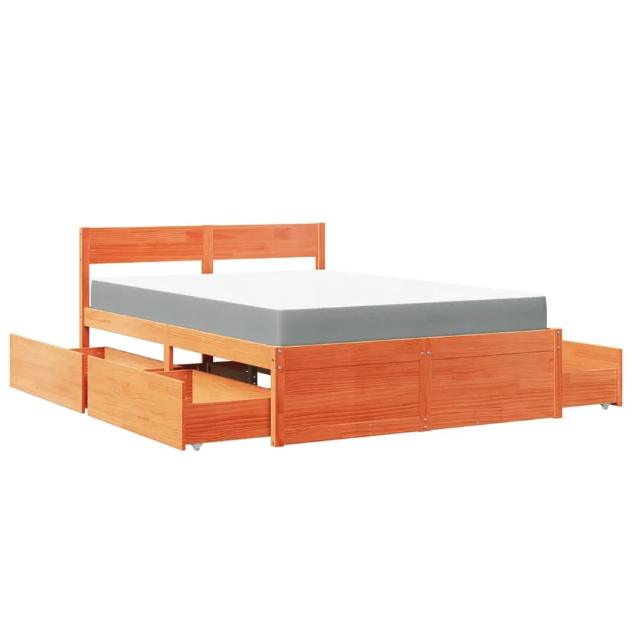 Lit avec tiroirs/matelas cire marron 140x190 cm bois massif pin - 11