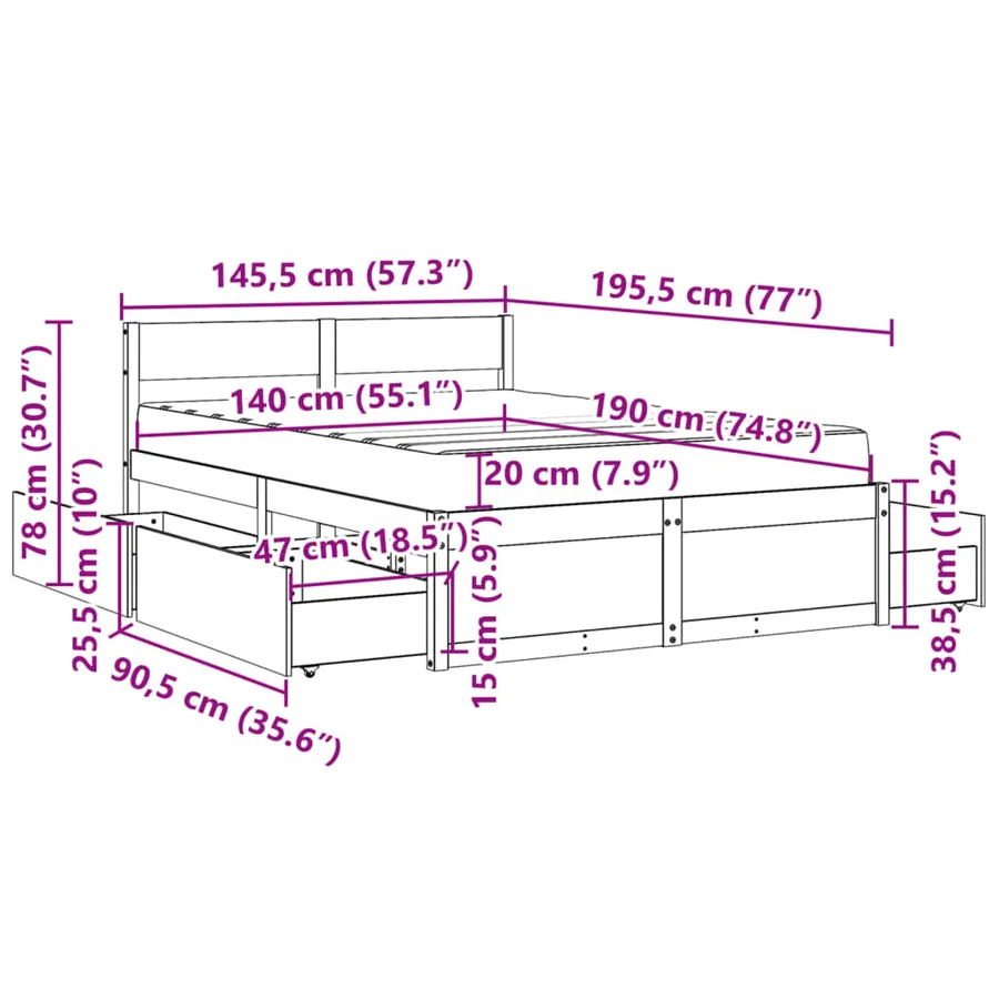 Lit avec tiroirs/matelas cire marron 140x190 cm bois massif pin - 14