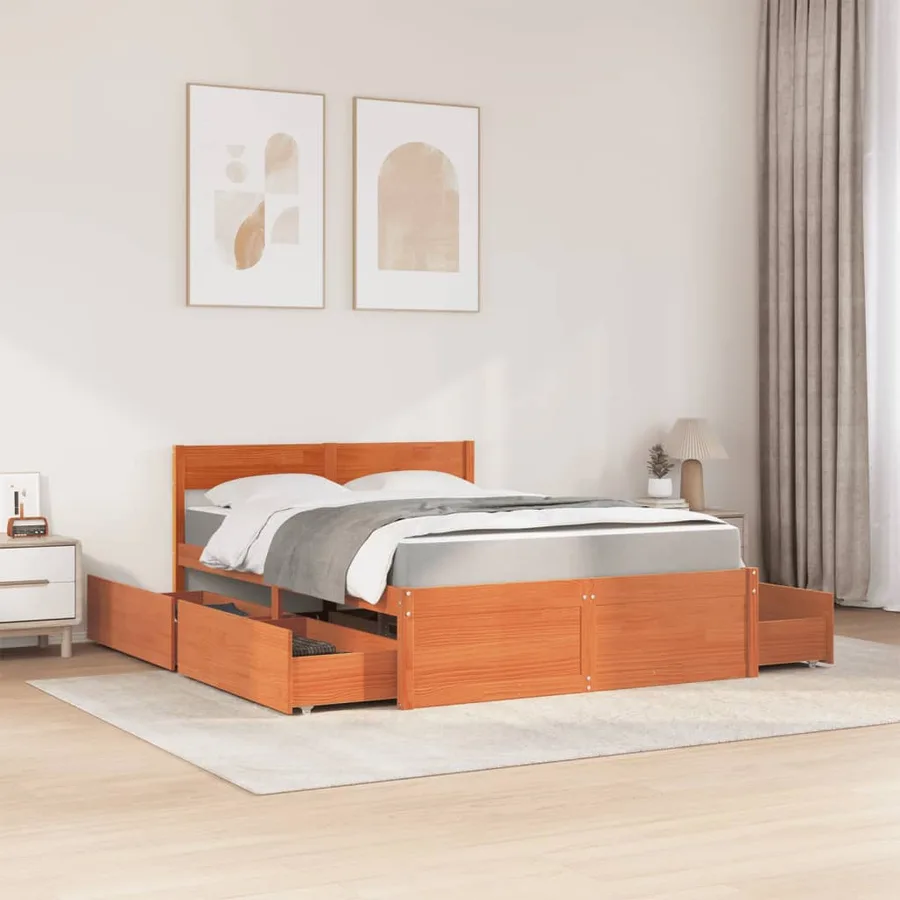 Lit avec tiroirs/matelas cire marron 140x190 cm bois massif pin - 3