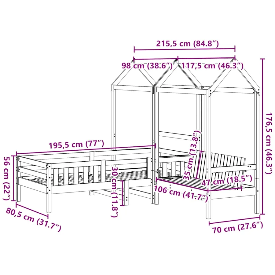 Ensemble de lit et de banc avec toit sans matelas 75x190 cm - 13