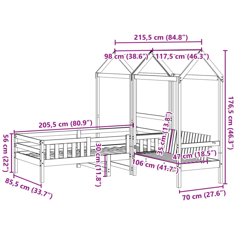 Ensemble de lit et de banc avec toit sans matelas 80x200 cm - 13