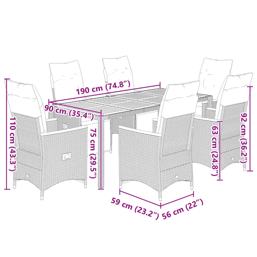Ensemble de bistro de jardin 7 pcs coussins gris poly rotin - 7