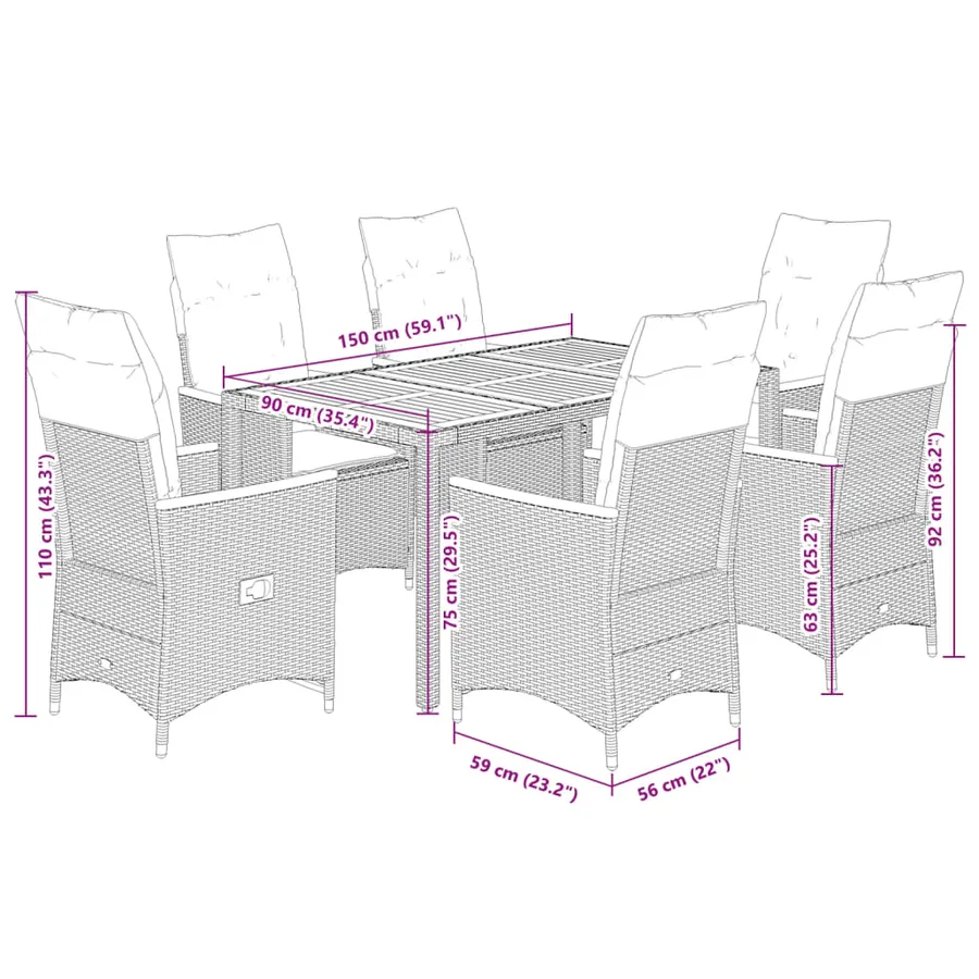 Ensemble à manger de jardin et coussins 7 pcs gris rotin - 9