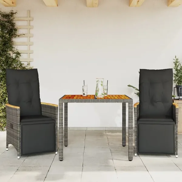 Ensemble de bistro de jardin 3 pcs coussins gris poly rotin