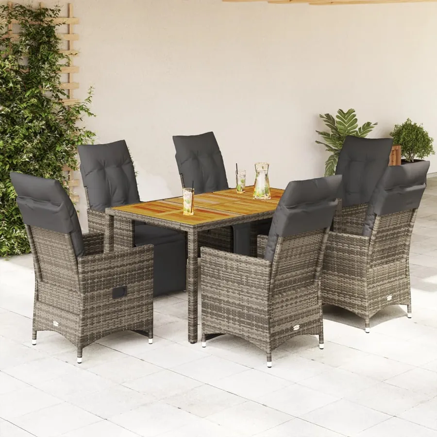 Ensemble de bistro de jardin 7 pcs coussins gris poly rotin