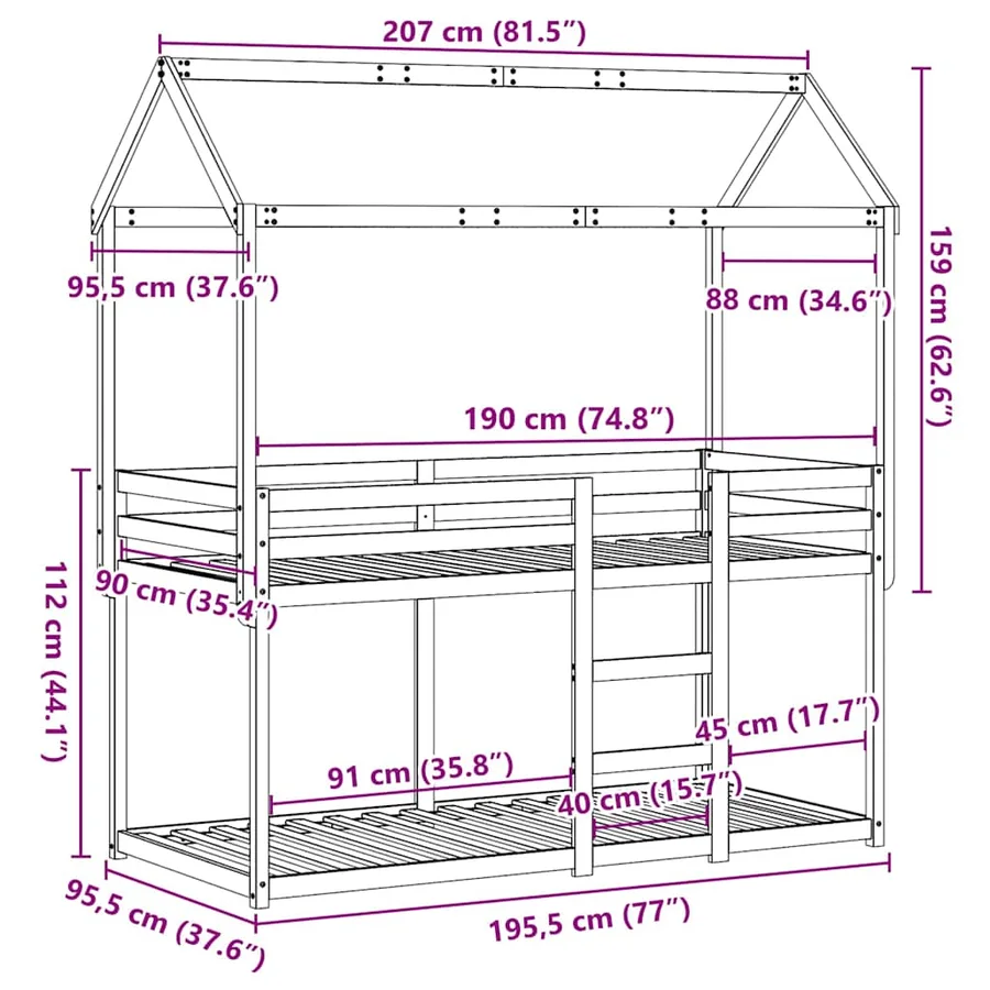 Lit superposé sans matelas 90x190 cm bois de pin massif - 12
