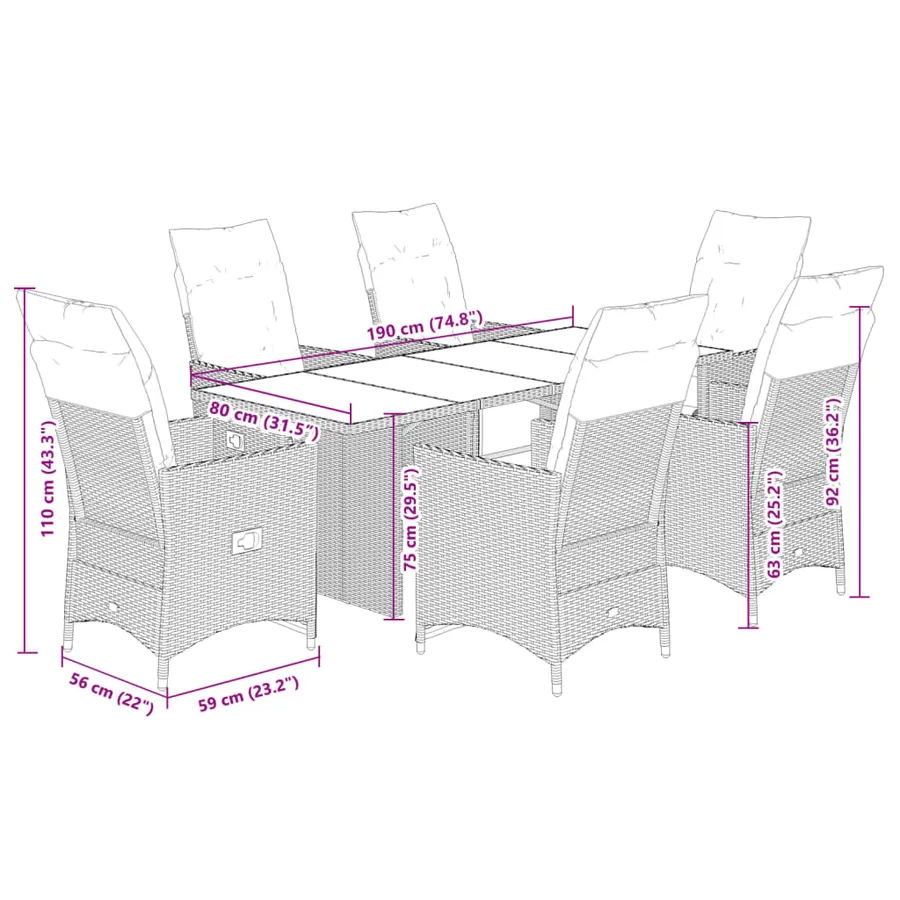 Ensemble à manger de jardin coussins 7 pcs noir résine tressée - 7