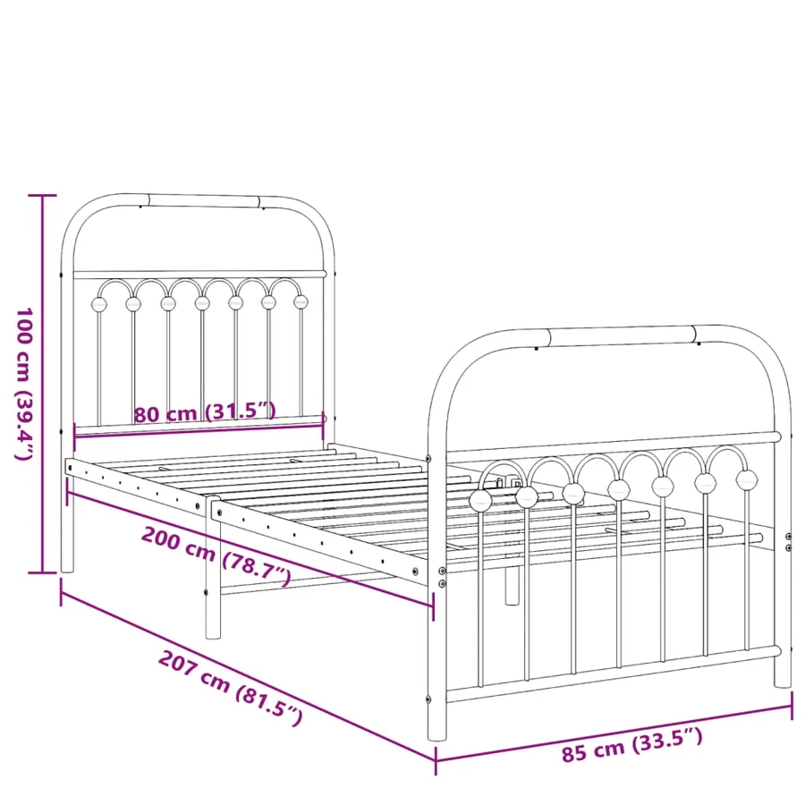 Cadre de lit métal sans matelas avec pied de lit blanc 80x200cm - 8