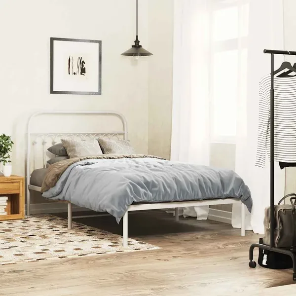 Cadre de lit métal sans matelas et tête de lit blanc 107x203 cm