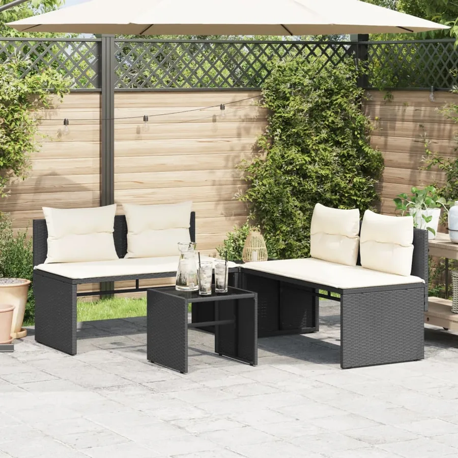 Salon de jardin 4 pcs avec coussins noir résine tressée - 3