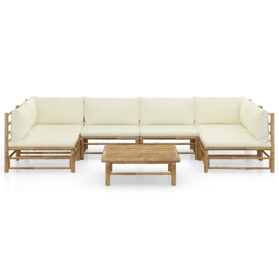 Salon de jardin 7 pcs avec coussins blanc crème bambou - 2