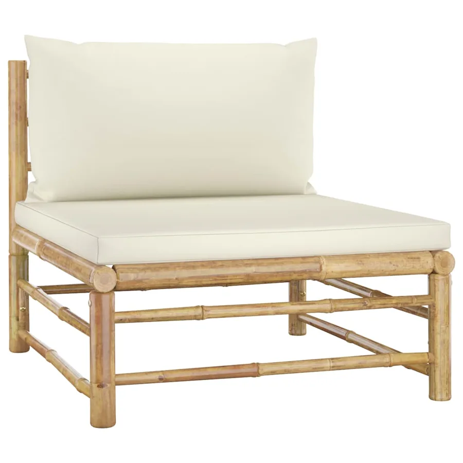 Salon de jardin 7 pcs avec coussins blanc crème bambou - 5