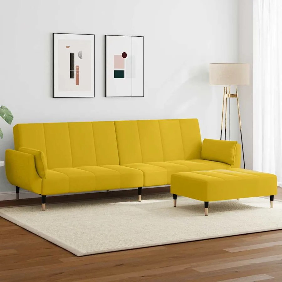 Canapé-lit à 2 places avec repose-pied jaune velours