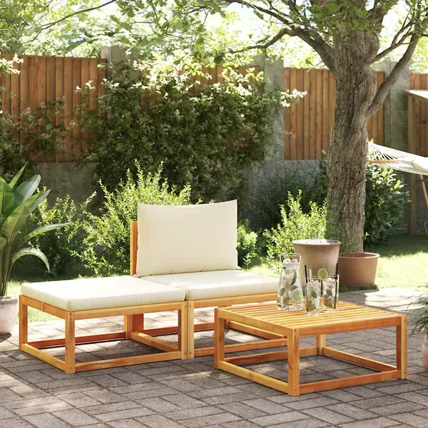 Ensemble de canapés de jardin 3 pièces avec coussins, bois d'acacia et corde,