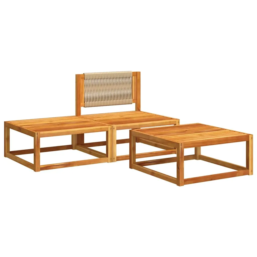 Ensemble de canapés de jardin 3 pièces avec coussins, bois d'acacia et corde, - 3