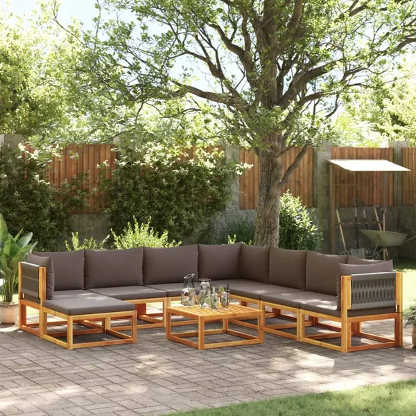 Ensemble de canapés de jardin 9 pièces avec coussins en bois d'acacia et corde