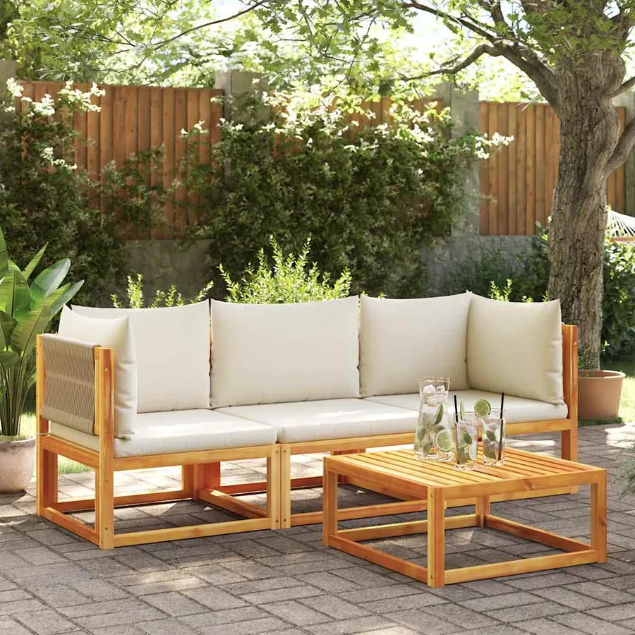 Canapé d'angle de jardin avec coussins en bois d'acacia et corde - 3