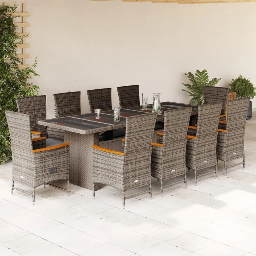 Ensemble à manger de jardin 11pcs avec coussins gris poly rotin